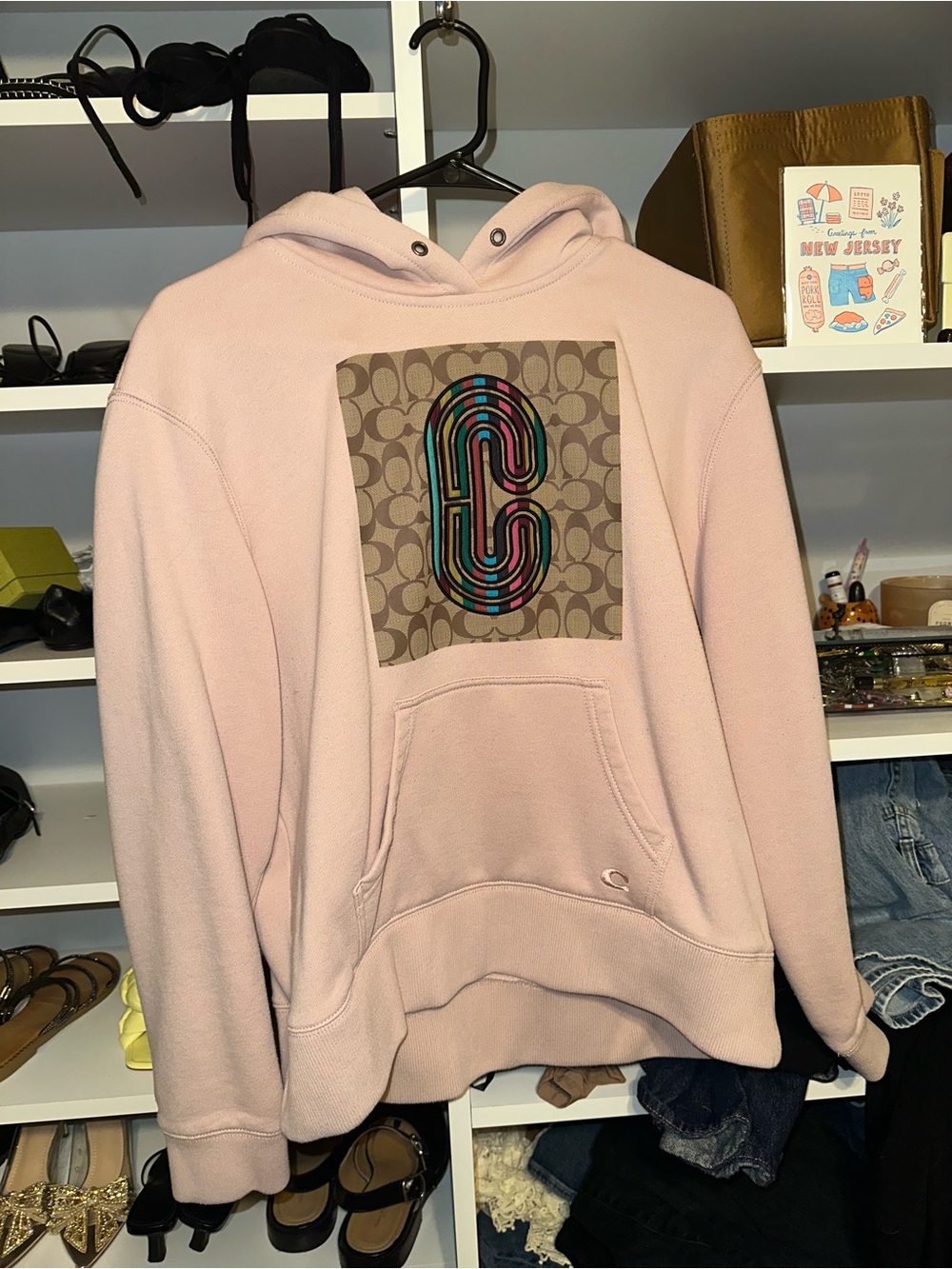 Coach Light Pink Signature Print Hoodie with Colorful Emblem